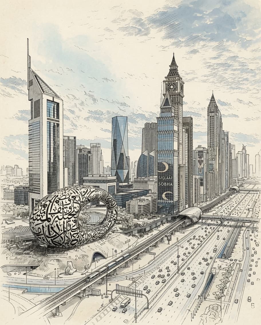Dubai Skyline featuring Museum of the Future and Sheikh Zayed Road